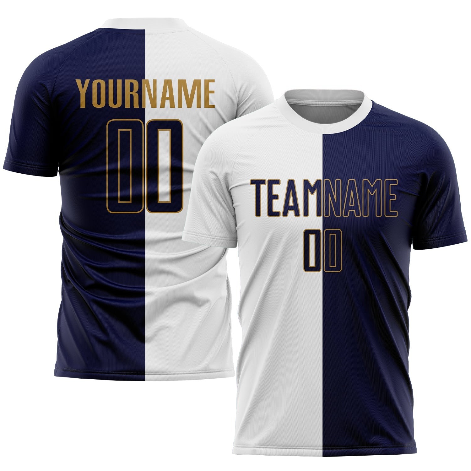 White Navy-Old Gold Sublimation Split Fashion Custom Soccer Jersey