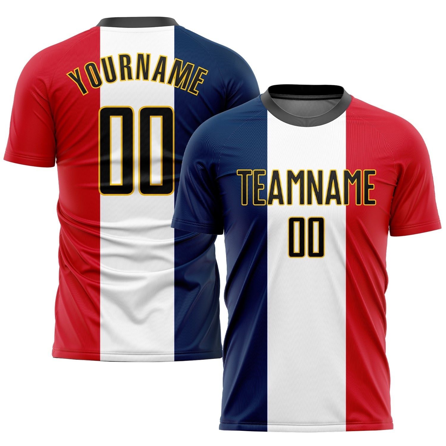 Navy Black White Red-Gold Sublimation French Flag Custom Soccer Jersey
