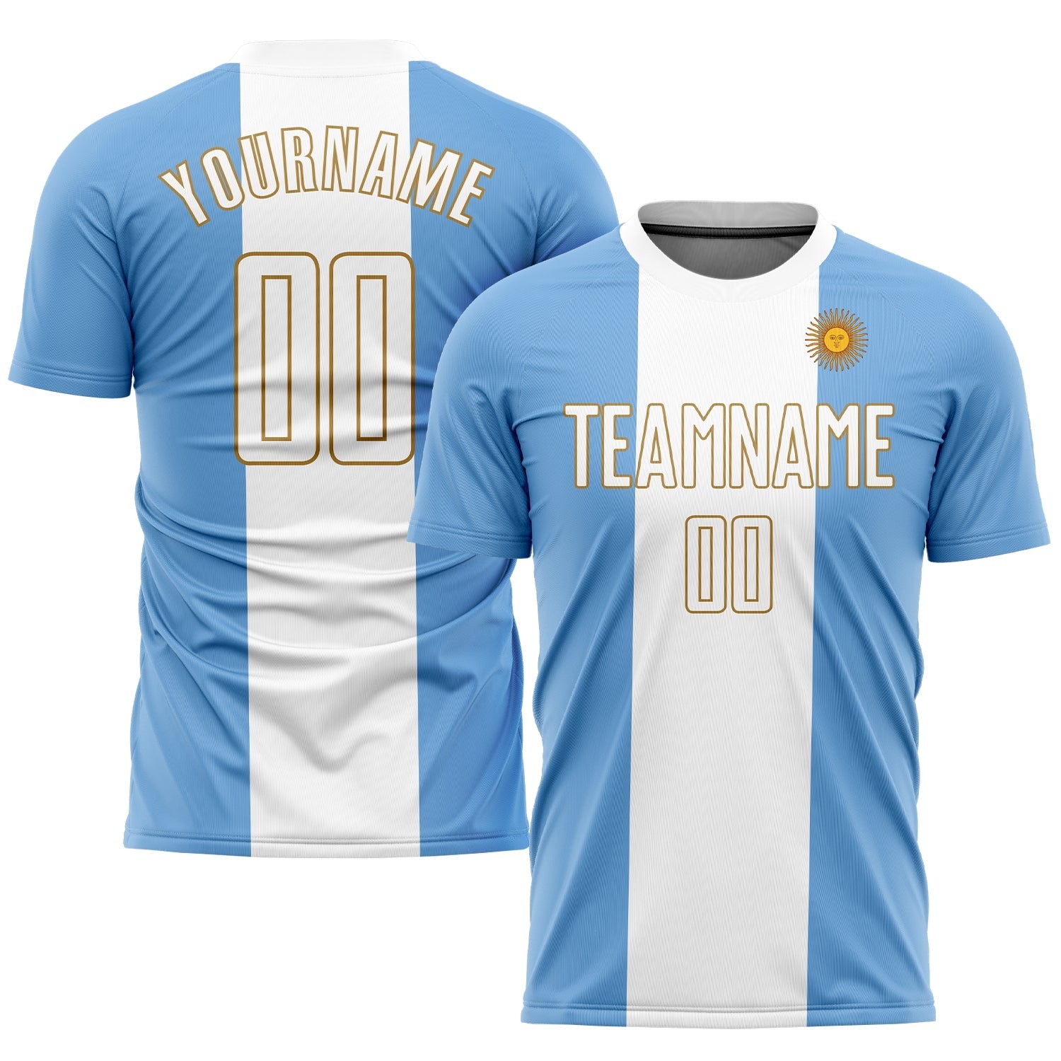 Light Blue White-Old Gold Sublimation Argentinian Flag Custom Soccer J