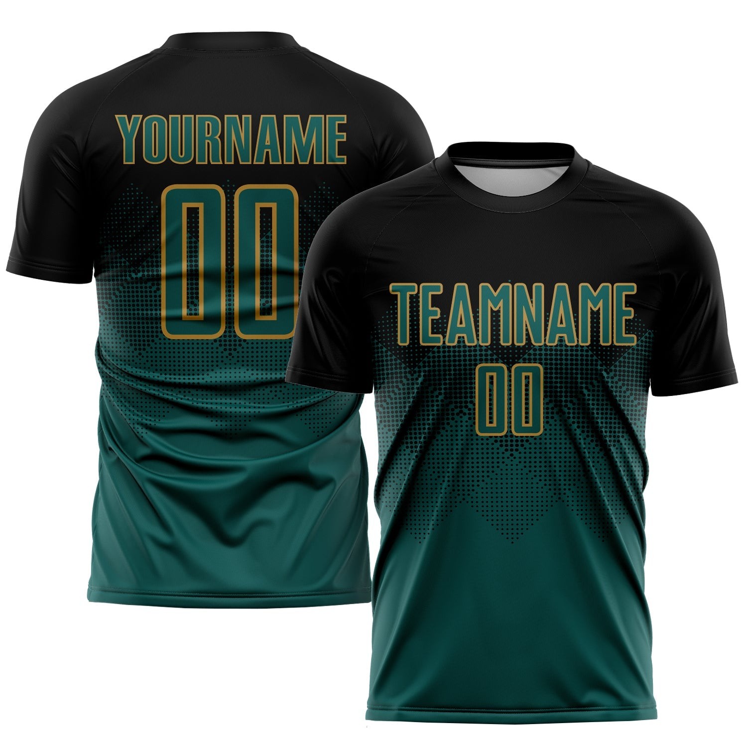 Black Midnight Green-Old Gold Sublimation Custom Soccer Jersey