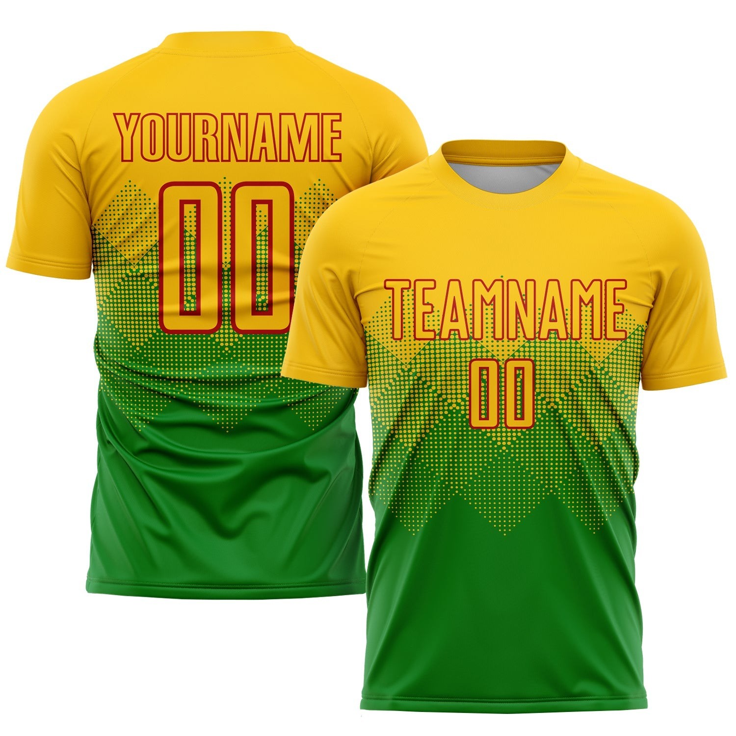 Grass Green Gold-Red Sublimation Custom Soccer Jersey