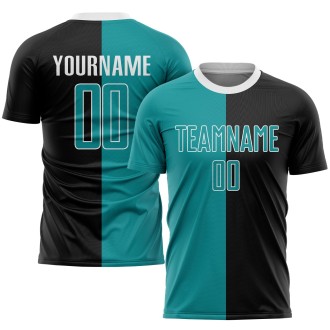Black Teal-White Sublimation Split Fashion Custom Soccer Jersey