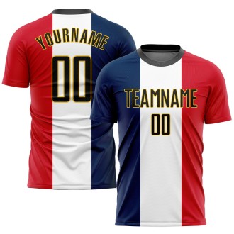 Navy Black White Red-Gold Sublimation French Flag Custom Soccer Jersey