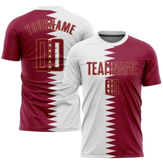 White Crimson-Old Gold Sublimation Qatari Flag Custom Soccer Jersey