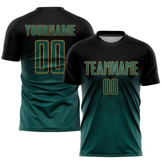 Black Midnight Green-Old Gold Sublimation Custom Soccer Jersey