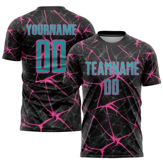 Black Aqua-Pink Sublimation Custom Soccer Jersey